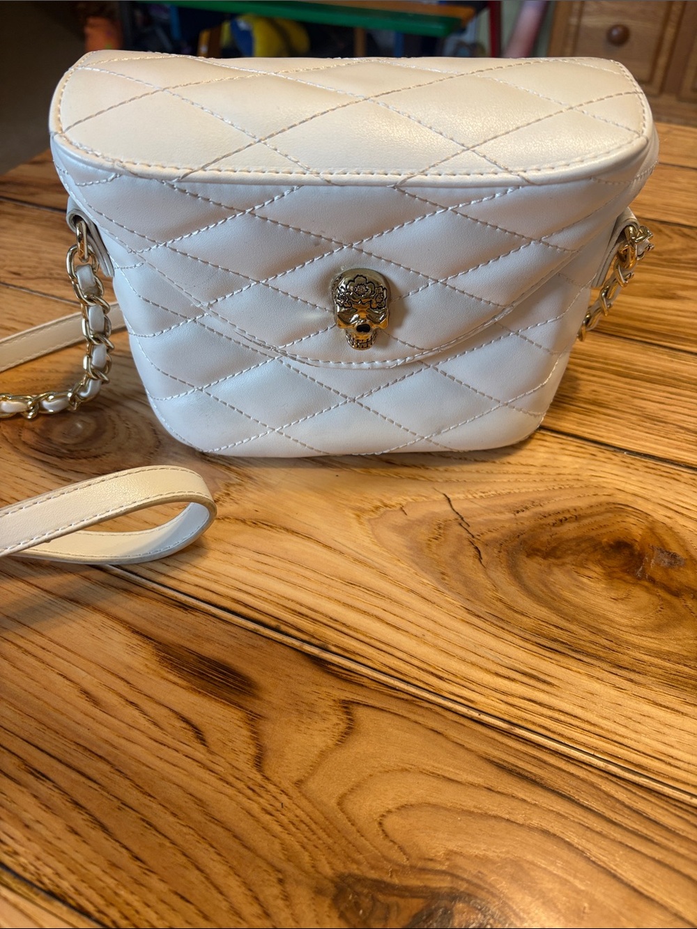 Betsey Johnson White Quilted Crossbody with Gold Skull Accent